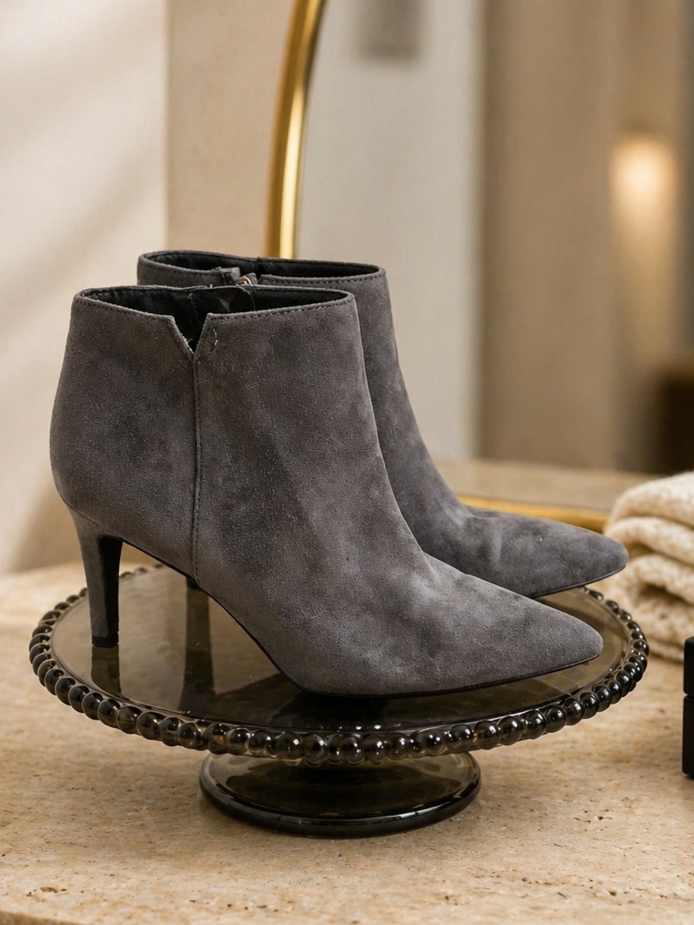 Sam & Libby Gray Suede Pointed-Toe Ankle Booties